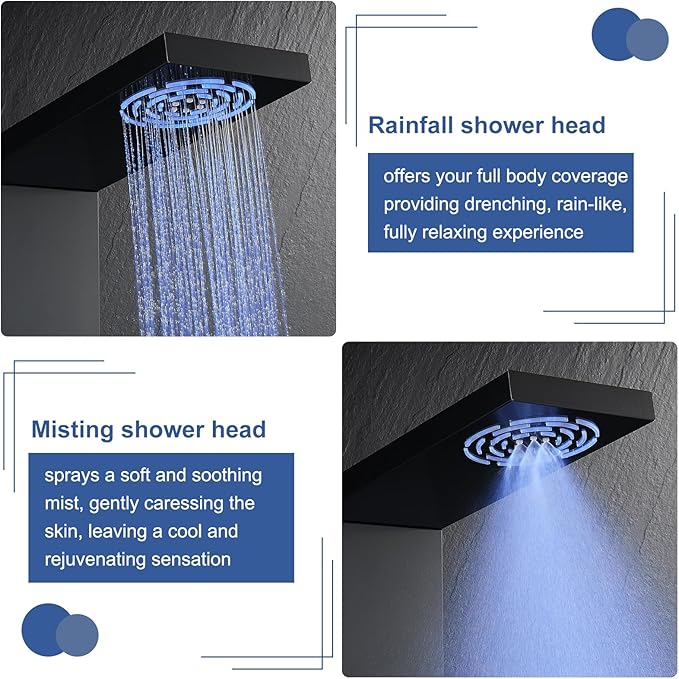 ROVATE LED Shower Panel Tower System with Rainfall Mist Shower Head, Matte Black 6-in-1 Shower Tower with Jets and Handheld and Digital Temperature Display, High Pressure Shower Column with Tub Spout