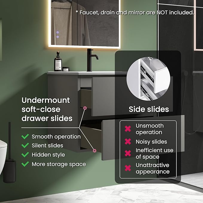 24" Bathroom Vanity with Sink, Modern Floating Vanity with Double Soft Closing Drawers, Large Storage for Small Space, Space Gray, Fully Assembled - Iris Collection