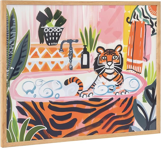 Kate and Laurel Bold Maximalist Tiger in Bubble Bath Framed Wall Art by The Creative Bunch Studio, 20x16 Natural, Cute Animal Bathroom Art for Wall