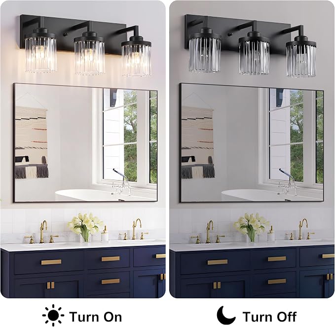 3-Light Black Bathroom Vanity Light, Crystal Glass Shades | Modern Wall Lighting Fixtures Over Mirror, for Bathroom, Matte Black Finish, Rust-resistant Metal, Farmhouse Industrial Style