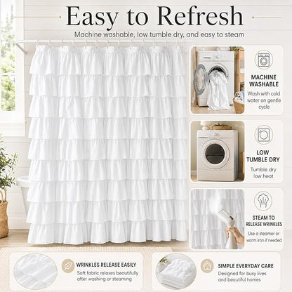 White Ruffle Shower Curtain for Bathroom,72 x 72 Inches, Farmhouse Style | 72" × 72", Brushed Microfiber, 12 buttonholes, Machine washable,12 C-hooks included, Double Layer Fabric, not See Through.