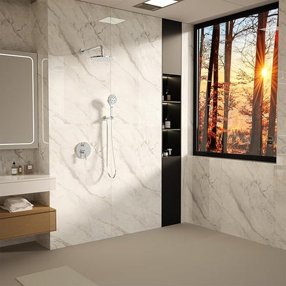 Bathroom Shower Faucet Set Wall Mounted Rainfall Shower System 10 Inches High Pressure Shower Head and Multifunctional Shower Handheld, Included Rough-in Valve and Trim Kit Polished Chrome