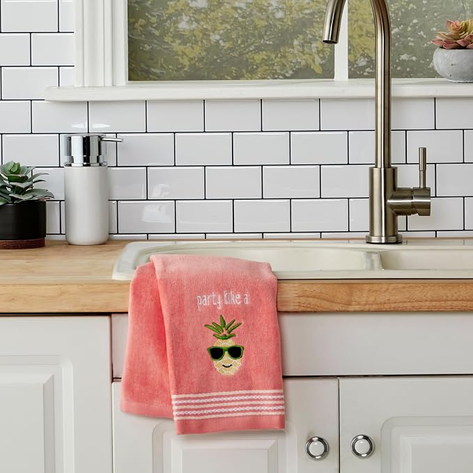SKL HOME by Saturday Knight Ltd. Party Pineapple 2 Pc Hand Towel Set, Coral Pink | Decorative velour for summer fun & everyday décor. Can be used in the bathroom, kitchen, bar, or any sink space.
