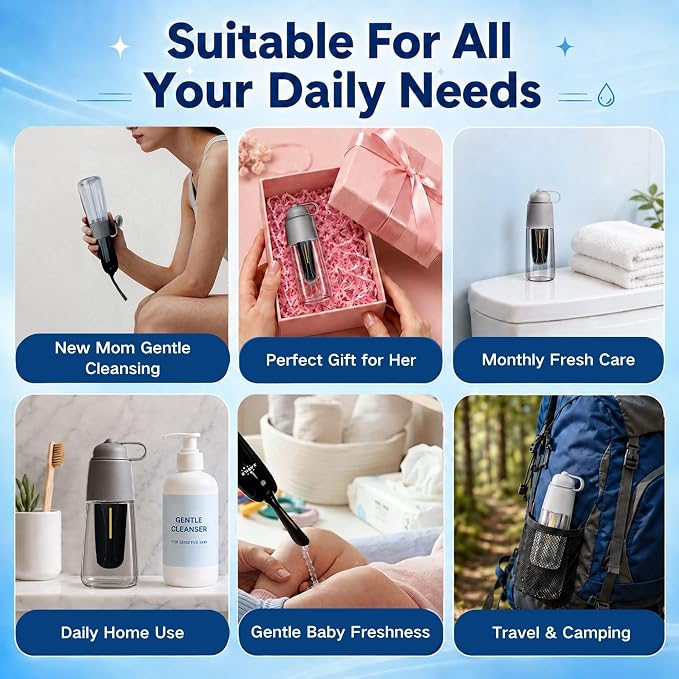 Xavilo Travel Portable Electric Bidet, 3 Pressure Levels & 2 Spray Modes | 150° Foldable Nozzle, 350ml Tank, 100 Uses/Charge, 60°C Warm Water Safe, IPX7 Waterproof, Handheld Sprayer for Home & Camping