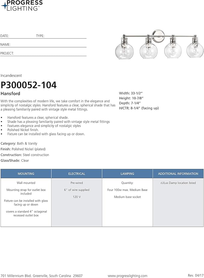 Progress Lighting P300052-104 Hansford Bath & Vanity, 4 Light, Polished Nickel
