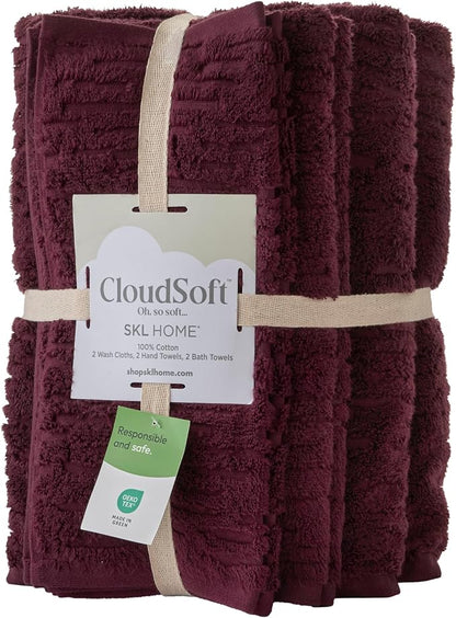 SKL Home CloudSoft Bath Towel Set, 6-Piece, 100% Cotton Luxury, Bordeaux | 2 Bath towels, 2 hand towels, 2 washcloths. Premium spa-level quality. 600/520 GSM weight. Ultra plush & absorbent.