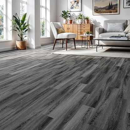 INMOZATA 36 Pack Peel and Stick Floor Tile Waterproof Vinyl Plank Flooring | 54 Sq.Ft, Heat-resistant, Wood Grain Self Adhesive Flooring for DIY Bedroom Living Room Bathroom Kitchen (Deep Gray)