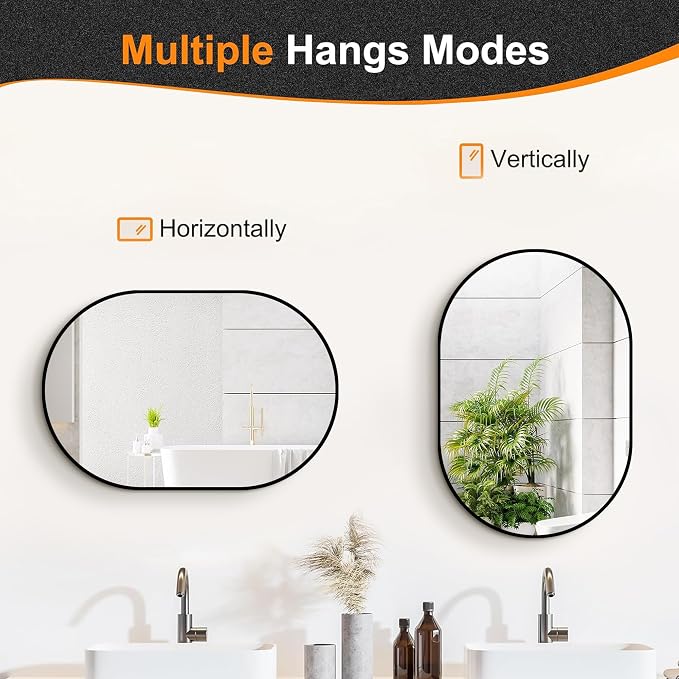 28x20 Black Oval Bathroom Mirror for Over Sink, Aluminum Frame | HD Reflection No Distortion, Aluminum Frame, Mounting Hardware for Vertical or Horizontal Mount