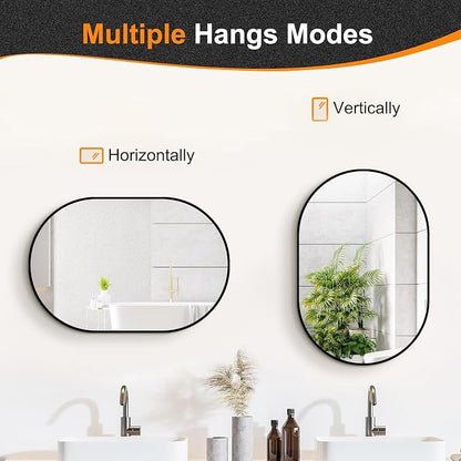 28x20 Black Oval Bathroom Mirror for Over Sink, Aluminum Frame | HD Reflection No Distortion, Aluminum Frame, Mounting Hardware for Vertical or Horizontal Mount