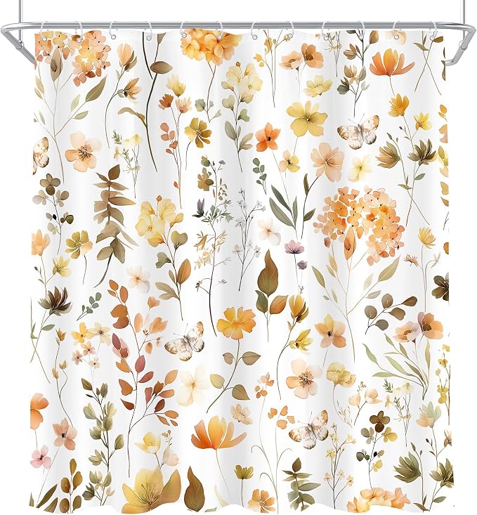 Orange Floral Flower Fall Autumn Brown Plants Bathroom Shower Curtain Set | 72"W x 72"H Botanical Wildflower; waterproof HD print, quick-dry fabric and plastic hooks for easy setup.