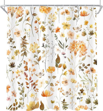 Orange Floral Flower Fall Autumn Brown Plants Bathroom Shower Curtain Set | 72"W x 72"H Botanical Wildflower; waterproof HD print, quick-dry fabric and plastic hooks for easy setup.
