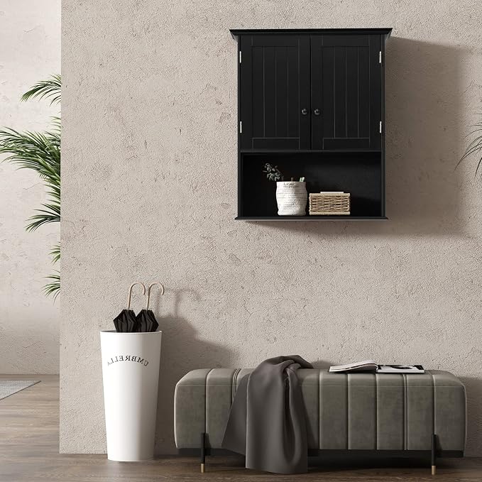 COSTWAY Wall Mounted Bathroom Cabinet, Over The Toilet Storage Cabinet w/Double Doors & Adjustable Shelf, Wood Hanging Medicine Cabinet for Living Room, Entryway, Kitchen (Black) | Double Doors & Adjustable Shelf, Wood Hanging Medicine Cabinet for Livi...