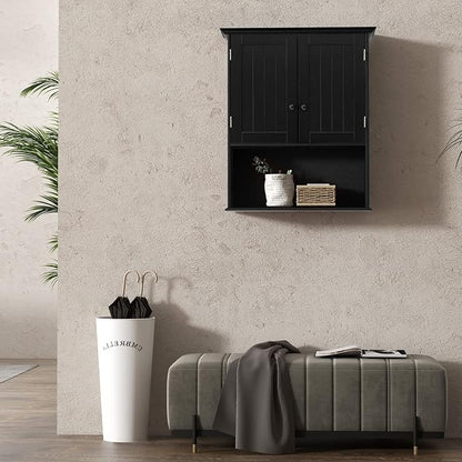 COSTWAY Wall Mounted Bathroom Cabinet, Over The Toilet Storage Cabinet w/Double Doors & Adjustable Shelf, Wood Hanging Medicine Cabinet for Living Room, Entryway, Kitchen (Black) | Double Doors & Adjustable Shelf, Wood Hanging Medicine Cabinet for Livi...
