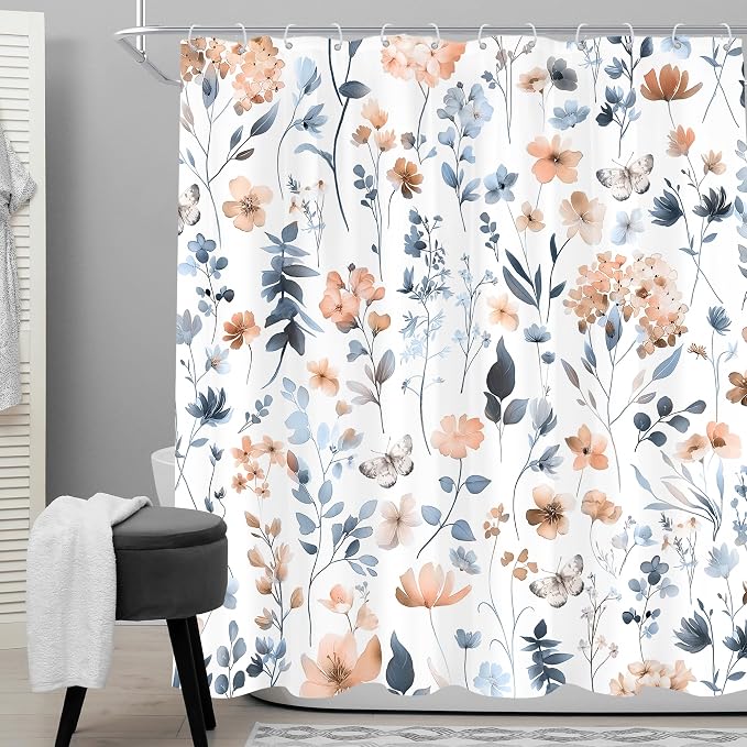 Cute Floral Blue Pink Flower Watercolor Plants Bathroom Shower Curtain Set | 72"W x 72"H Wildflower Butterfly; waterproof HD print, quick-dry fabric and plastic hooks for easy setup.