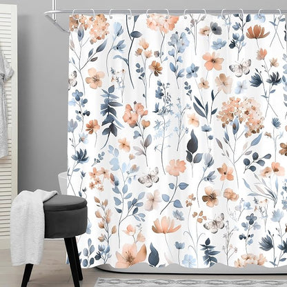 Cute Floral Blue Pink Flower Watercolor Plants Bathroom Shower Curtain Set | 72"W x 72"H Wildflower Butterfly; waterproof HD print, quick-dry fabric and plastic hooks for easy setup.