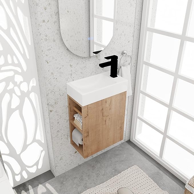 16 Inch Bathroom Vanity with White Sink Combo,Wall-Mounted Bathroom Vanity for Small Space,Modern Floating Bathroom Cabinet with Open Shelves,Brown