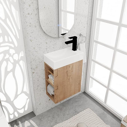 16 Inch Bathroom Vanity with White Sink Combo,Wall-Mounted Bathroom Vanity for Small Space,Modern Floating Bathroom Cabinet with Open Shelves,Brown
