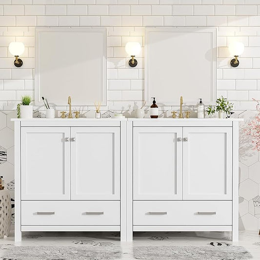 LUMISOL 60" Double Sink Bathroom Vanity, Solid Wood Bathroom Sink Cabinet with 2 Drawers, Storage Racks & 2 Cabinets, Separate 2 Bathroom Vanities with Ceramic Sink, Mirror Not Included, White