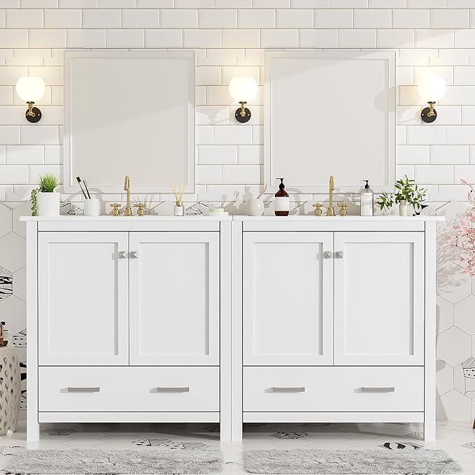 LZ LEISURE ZONE 60" Bathroom Vanity Set with Double Vanities (Separate), Double Ceramic Sinks, Storage Shelf, and Divided Drawers (Mirror not Included), White