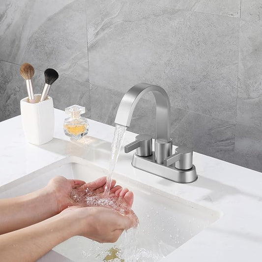 2 Handle Bathroom Faucets 3 Hole Brushed Nickel, Centerset Bathroom Sink Faucet with Pop up Drain and 2 Supply Lines, Modern Vanity RV Faucet, SE-0048-BN