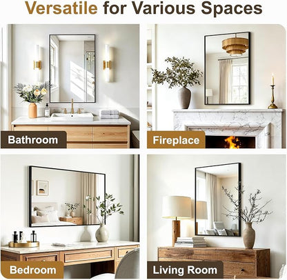 Rectangular Bathroom Mirror, 30"x20" Black Metal Framed Vanity Mirror | HD Shatterproof Wall Mirror, Horizontal or Vertical Hanging, Easy Installation for Bathroom, Bedroom, Living Room, Entryway