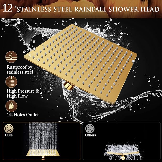 12'' Gold Shower Head with 11'' Extension Arm and 5 Setting Handheld shower | High Pressure Rainfall Shower Head Combo with Handheld, High Pressure Rain Showerhead with 60 Inch Shower Hose. Anti-Leak