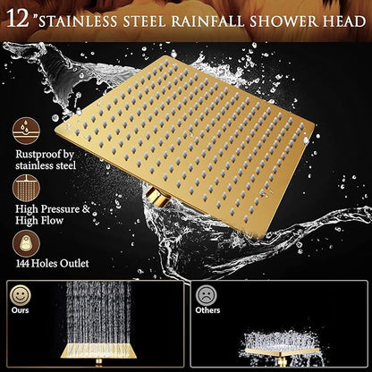 12'' Gold Shower Head with 11'' Extension Arm and 5 Setting Handheld shower | High Pressure Rainfall Shower Head Combo with Handheld, High Pressure Rain Showerhead with 60 Inch Shower Hose. Anti-Leak