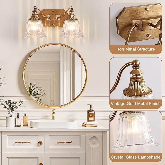 Gold Vintage Bathroom Light Fixtures, 2-Lights Bathroom Vanity Light, Antique Brushed Gold Lighting Fixtures Over Mirror with Crystal Glass Shade, Wall Sconce Lighting