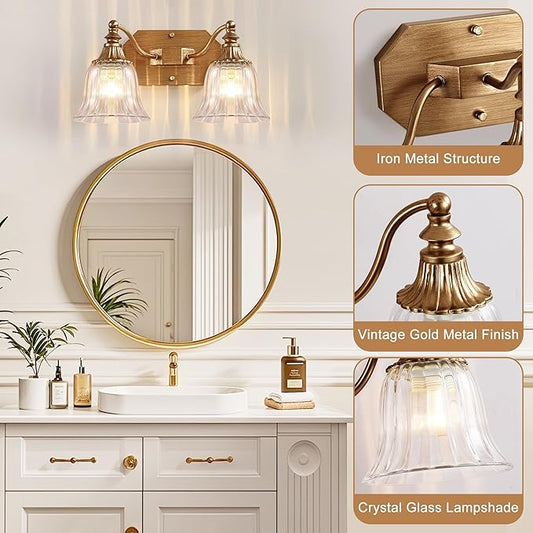 Gold Vintage Bathroom Light Fixtures, 2-Lights Bathroom Vanity Light, Antique Brushed Gold Lighting Fixtures Over Mirror with Crystal Glass Shade, Wall Sconce Lighting