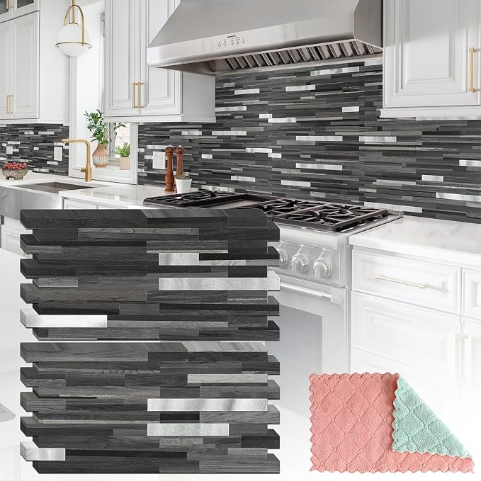 StyloVue 20 Sheets Peel and Stick Tile Backsplash, Black with Metal Gold Look Stick on Tile Upgrade Your Kitchen Backsplash, RV, Fireplace