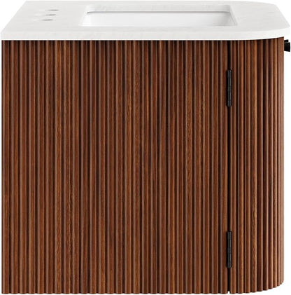 Modway Zia 24 inch Wall-Mount Bathroom Vanity in Walnut with Marble Sink Basin - Floating Bathroom Cabinet with Fluted Design