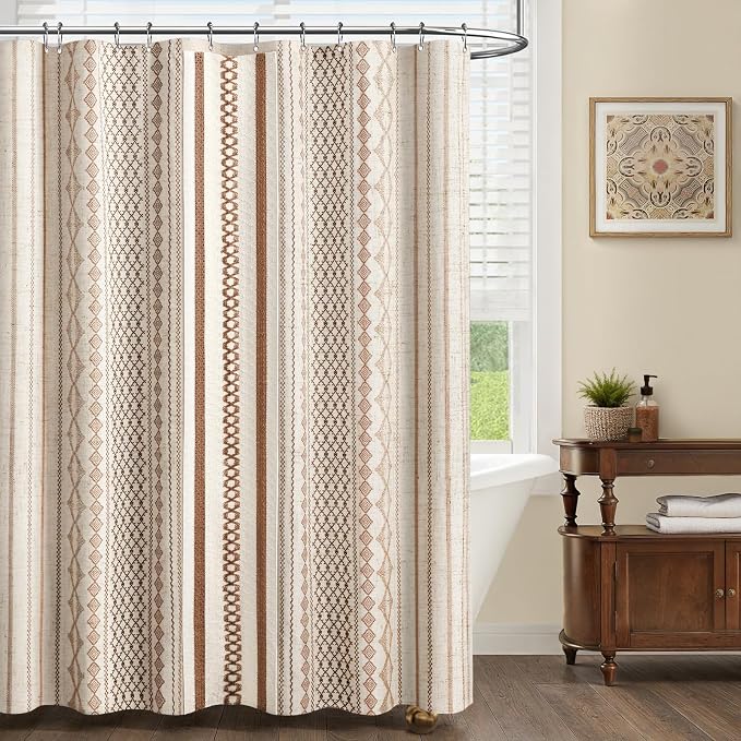 Brown Boho Linen Shower Curtain,72" W x 72" L | Linen Striped Print and Twine-Inspired Woven Center for Bathroom