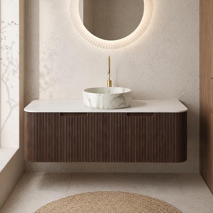 48 Inch Bathroom Vanity with Sink, Floating Wall Mounted Single Sink Vanity, Dark Walnut Curved Fluted Front, Stone Top, Marble-Look Round Vessel Basin, Pre-Assembled