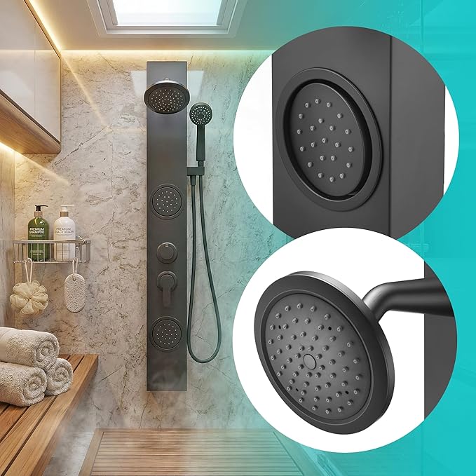 Dura Faucet (DF-SA914-MB) Premium RV Shower Panel Column – Matte Black, 4 Spray Options with Adjustable Body Sprayers, Overhead Shower & Handheld Wand – Water-Saving, Easy Install RV Shower System