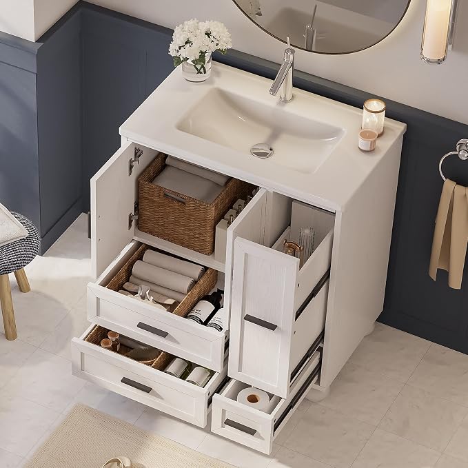 LIKIMIO 29.5" Bathroom Vanity with Sink, Hair Tool Drawer, 4 Solid Legs, 4 Drawers 2 Doors, Modern Freestanding Wooden Bathroom Cabinet with Undermount Upgraded SMC Sink, Quick Assembly, White