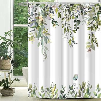 Sage Green Floral Eucalyptus Shower Curtain with Hooks, 72x84 Inch | Waterproof Fabric, Watercolor Leaves and Floral, Botanical Style, Machine Washable, Quick-Drying, for Hotel Bathroom