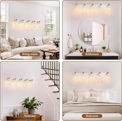 Farmhouse 5-Light Wood Bathroom Vanity Light, White Metal Cage Shade | Mounted Over Mirror, Industrial Rustic Style, Ideal for Bathroom, Bedroom, Hallway & Living Room, Easy To Install