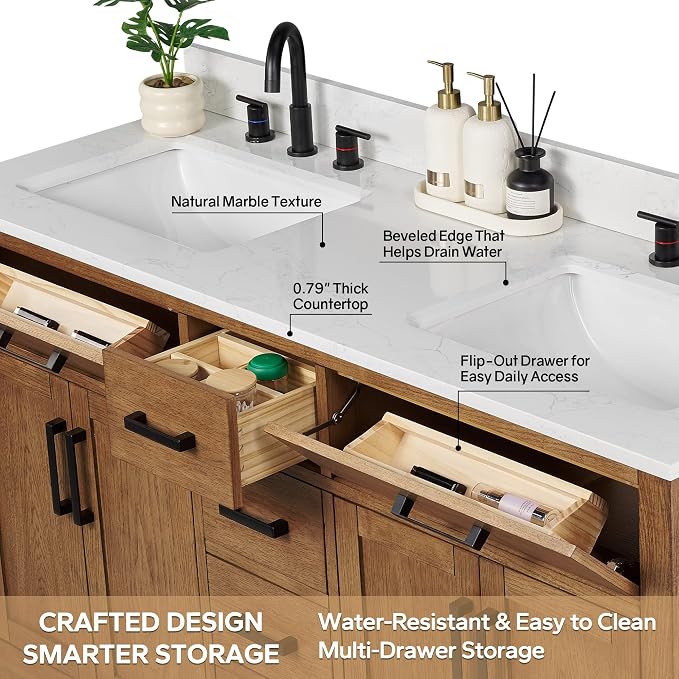60-inch Dark Walnut Bathroom Vanity with 2 Sinks, Solid Wood, 0.79-inch Stone Countertop and Backsplash, 6 Drawers, 4 Soft Closing Doors