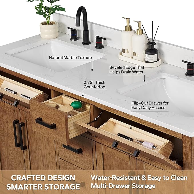 66-inch Dark Walnut Bathroom Vanity with 2 Sinks, Solid Wood, 0.79-inch Stone Countertop and Backsplash, 6 Drawers, 4 Soft Closing Doors