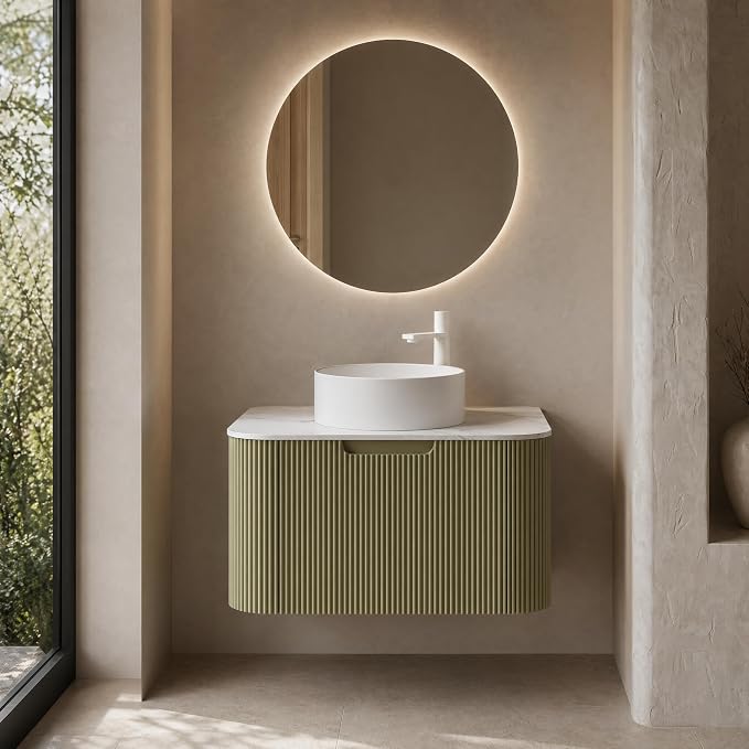 30 Inch Bathroom Vanity with Sink, Floating Wall Mounted Single Sink Vanity, Sage Green Curved Fluted Front, Stone Top, Pure White Round Vessel Basin, Pre-Assembled