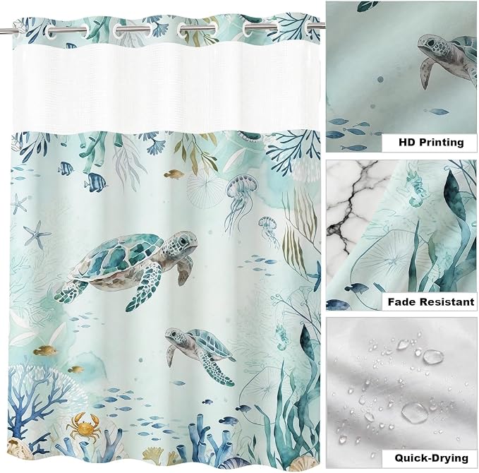 Modern Ocean Cute No Hook Shower Curtain Sea Turtle Luxury Nautical Coral | Animal No Hook Shower Curtain with Snap in Liner, Waterproof Ringless Shower Curtains for Bathroom 72x74 Inch Blue