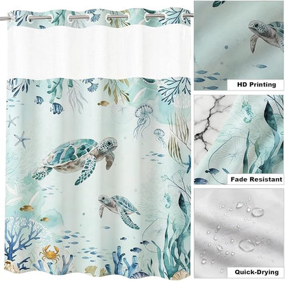 Modern Ocean Cute No Hook Shower Curtain Sea Turtle Luxury Nautical Coral | Animal No Hook Shower Curtain with Snap in Liner, Waterproof Ringless Shower Curtains for Bathroom 72x74 Inch Blue