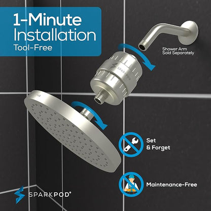 SparkPod Filtered Shower Head, 23-Stage, 8" Round, Brushed Nickel | Showerhead for Hard Water, High Pressure, Reduces Chlorine, Heavy Metals, For Dry Skin & Hair, Removable Capsule Filter