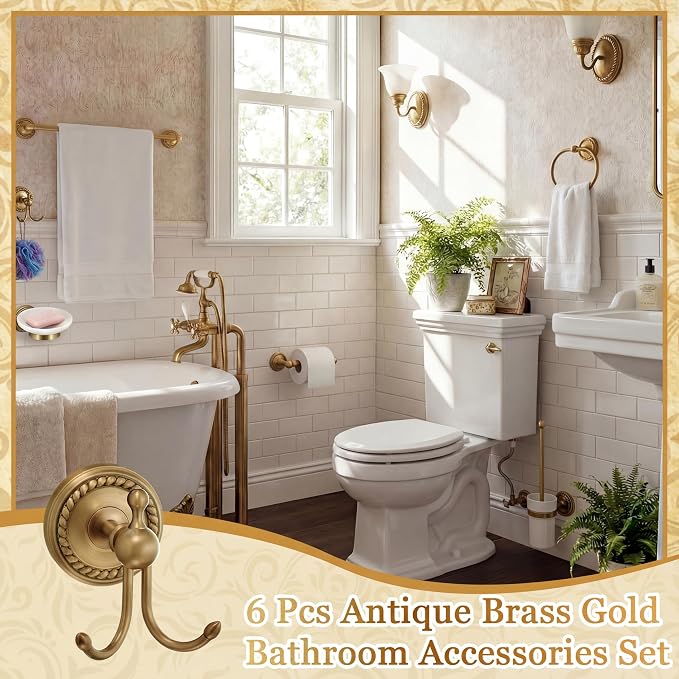 6 Pcs Antique Brass Gold Bathroom Hardware Set, Adjustable Towel Bar Holder (15.7-26.7 Inch), Toilet Paper Holder, Robe Hook, Toilet Brush & Soap Dish, Vintage Wall Mounted Accessories