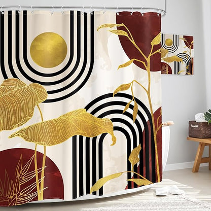 Glawry Red Abstract Mid Century Shower Curtain Boho Retro Tropical Palm Tree Plant Minimalist Sun Arch Bathroom Geometric Aesthetic 60Wx72L Inches Bath Accessories Art Home Decor Fabric 12 Pack Hook