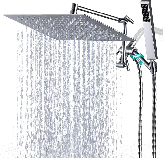 All Metal 12" Rainfall Shower Head with Handheld Spray Combo, High Pressure Rain Shower Heads with Adjustable Extension Arm, Wide Dual Waterfall Showerhead, Extra Long Shower Hose - Polished Chrome