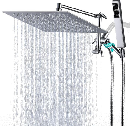 All Metal 12" Rainfall Shower Head with Handheld Spray Combo, High Pressure Rain Shower Heads with Adjustable Extension Arm, Wide Dual Waterfall Showerhead, Extra Long Shower Hose - Polished Chrome