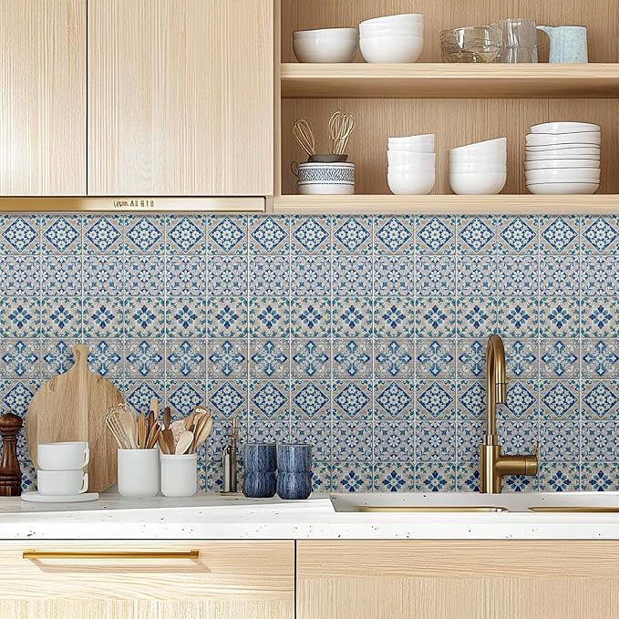 36pcs 4 Styles Blue-Gray Pattern Tile Stickers Retro Pattern Gray Wood Grain Waterproof PVC Tile Decals for Kitchen Bathroom 4x4 inch