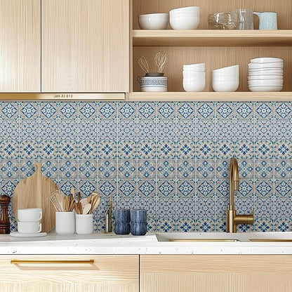36pcs 4 Styles Blue-Gray Pattern Tile Stickers Retro Pattern Gray Wood Grain Waterproof PVC Tile Decals for Kitchen Bathroom 4x4 inch