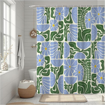 Abstract Geometric Floral Shower Curtain, Cute Blue and Green Boho Floral Pattern, Waterproof Polyester Fabric Shower Curtains Sets with Hooks for Bathroom 72x72 Inches